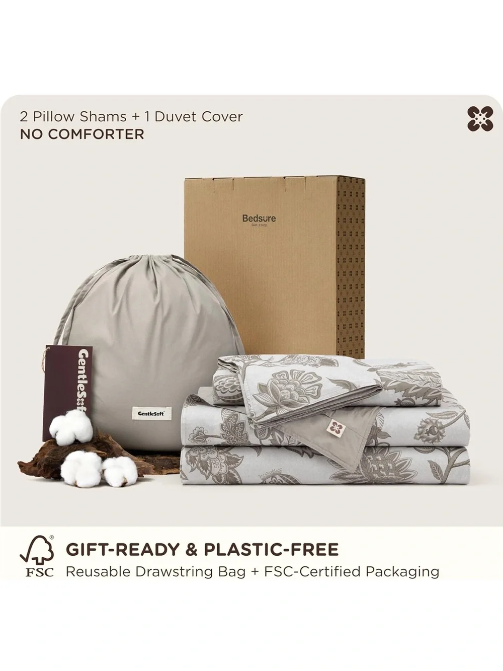 NEW Bedsure PureWoven 100% Cotton Floral Duvet Cover Set, Reversible. Vines
